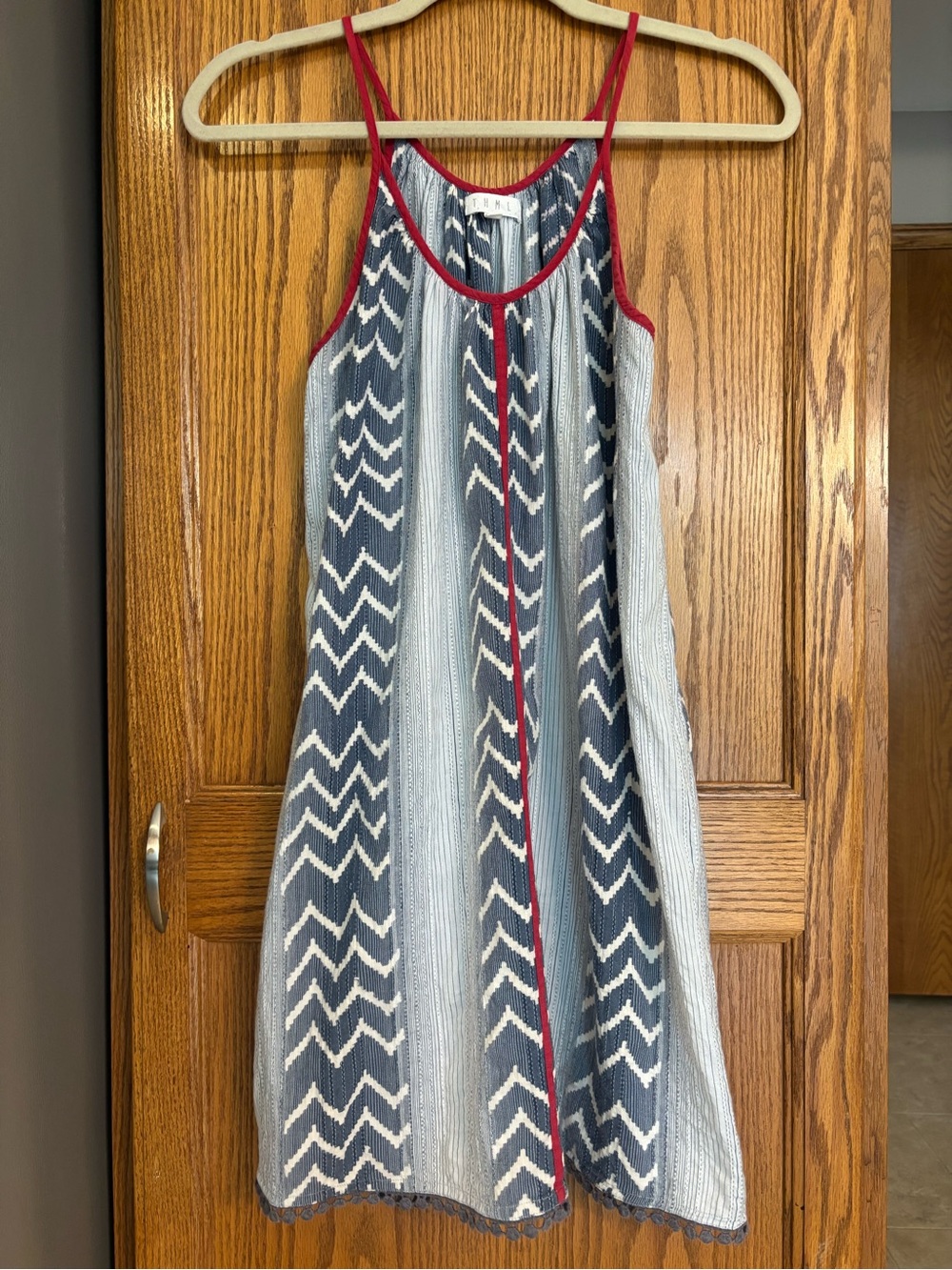 THML Women’s Boho Tribal Blue/White Chevron Stripe Sundress with Red Trim, Small